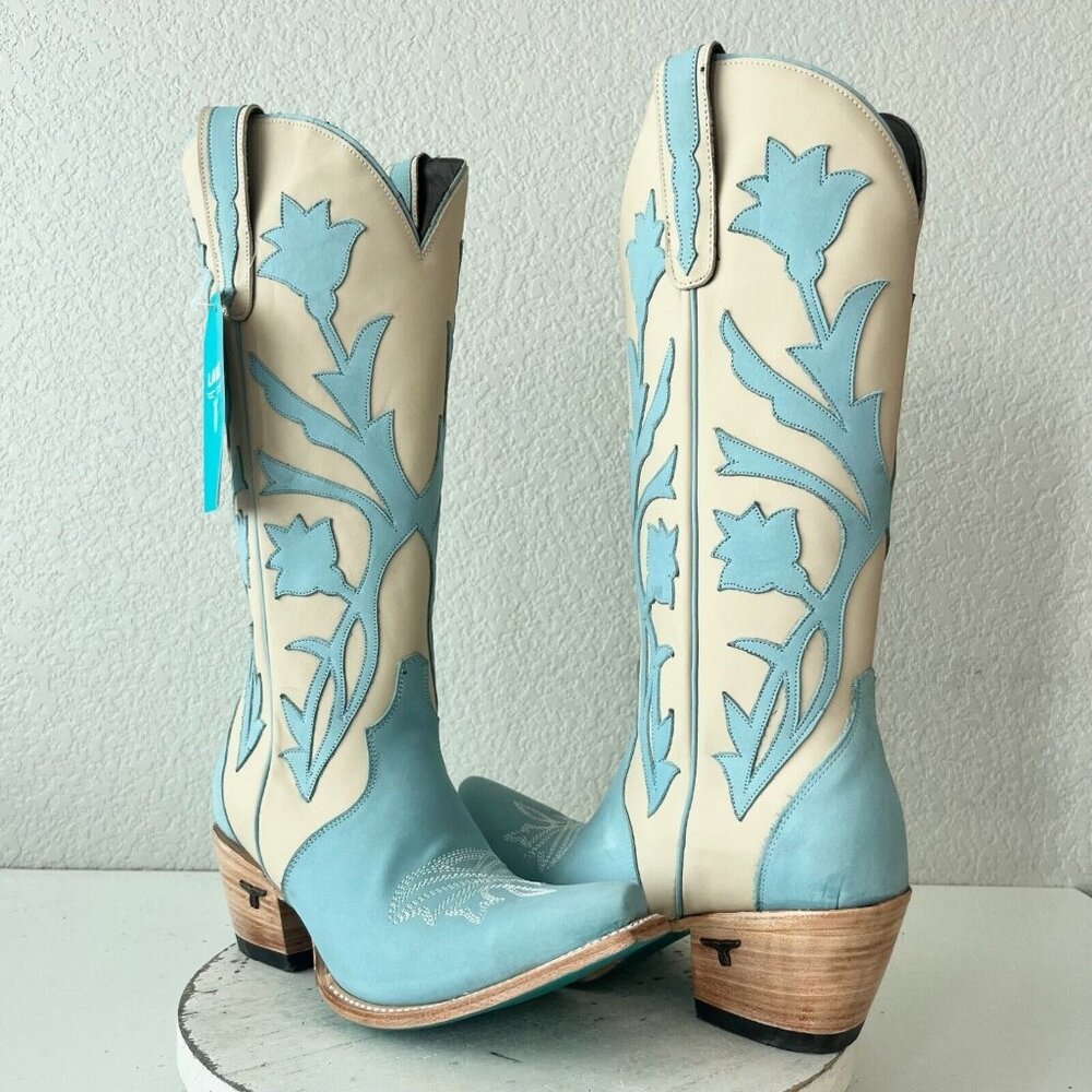 Stylish Cream and Blue Heeled Boots